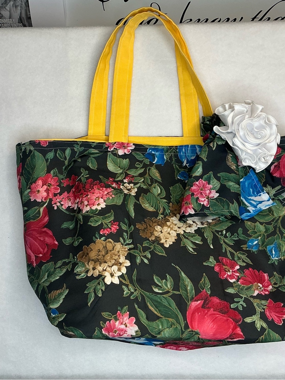 2034 - Handmade Sunny Yellow Canvas Tote with Floral Scarf and Rosette - Picture 12 of 16
